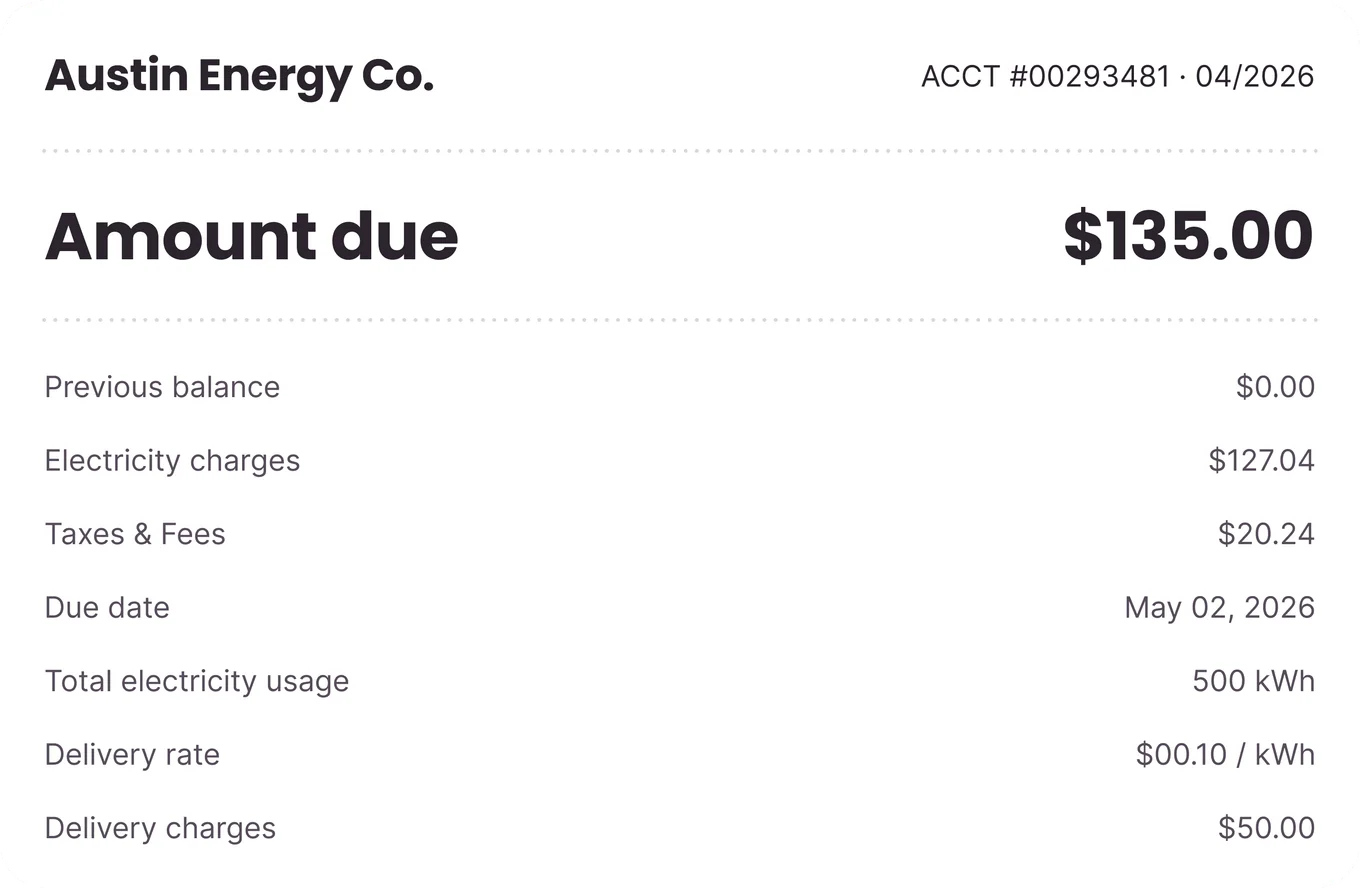 A typical utility bill: Austin Energy Co., amount due and a list of charges