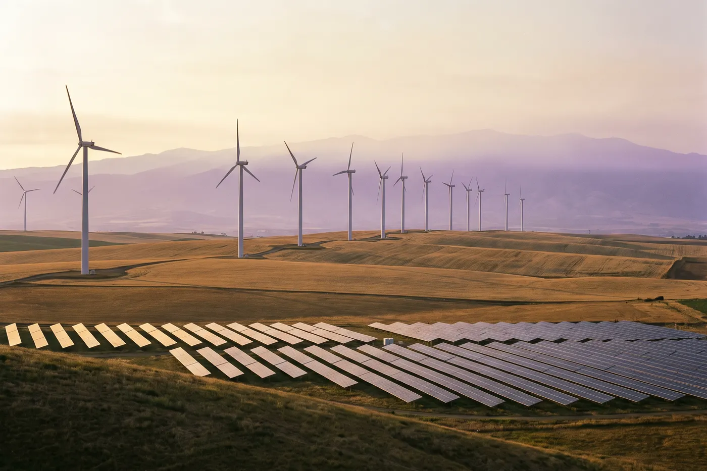 Wind turbines on rolling farmland, with rows of solar panels in the foreground