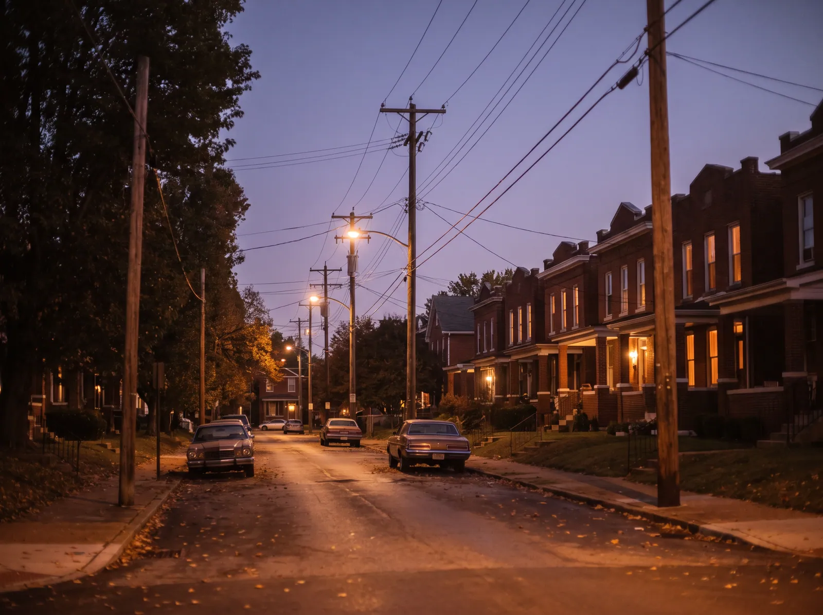 A residential street at dusk, with utility poles and power lines running past lit row houses
