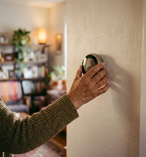 An older hand in a cardigan sleeve turning a round thermostat