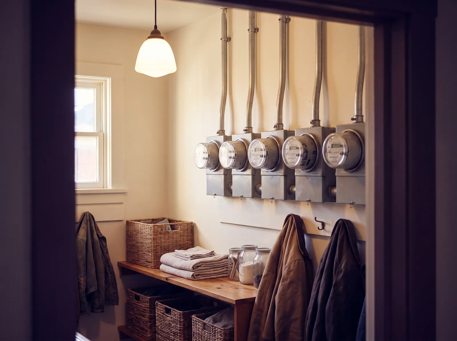 A tidy apartment-building utility room with a row of electric meters on the wall