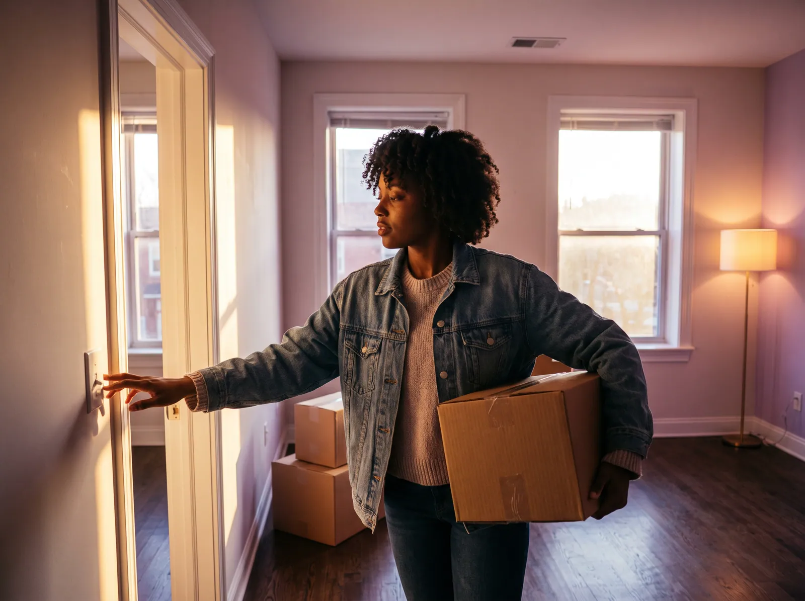A young woman carrying a moving box into her new apartment and switching on the lights